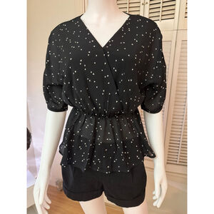 Grace & Chili Black & White Heart Print peplum hem Blouse M